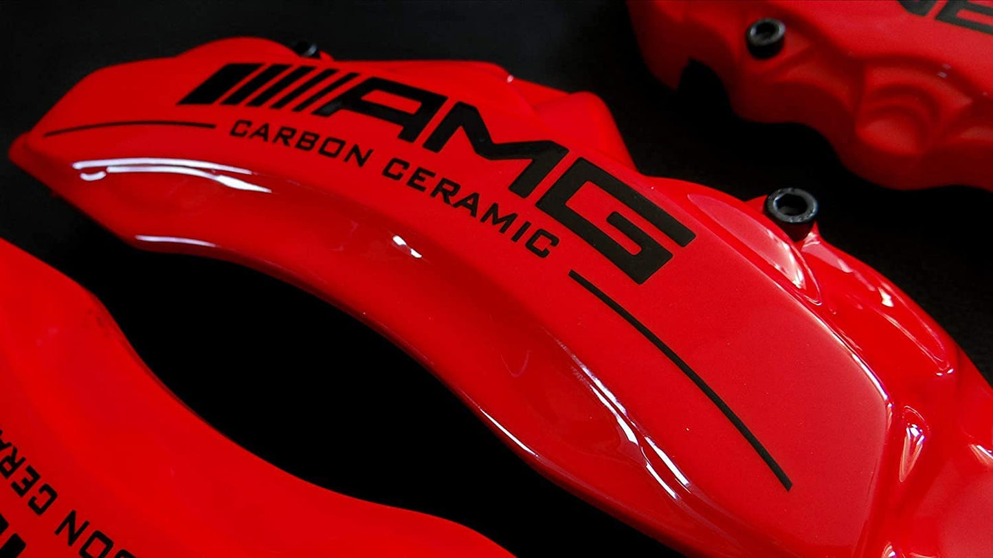 AMG Red Disc Caliper Covers with Carbon Ceramic Sign, 4 pcs set for Mercedes-Benz G-Wagon W463 from Tuning Shop, made of fiberglass reinforced plastic.