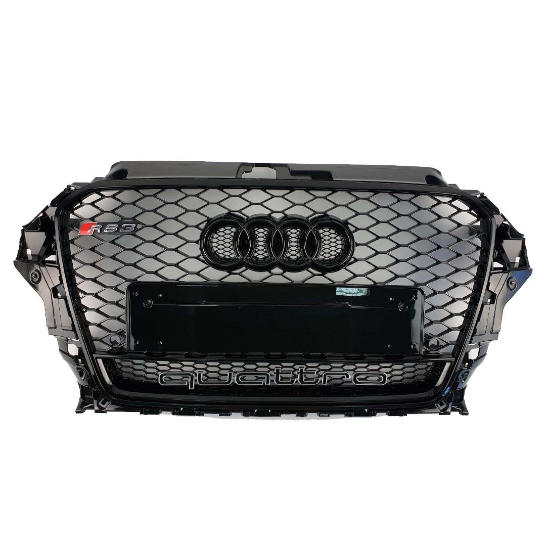 RS3 Black Quattro front bumper radiator grille for Audi A3 2012-2015 from Tuning Shop, featuring a black finish.