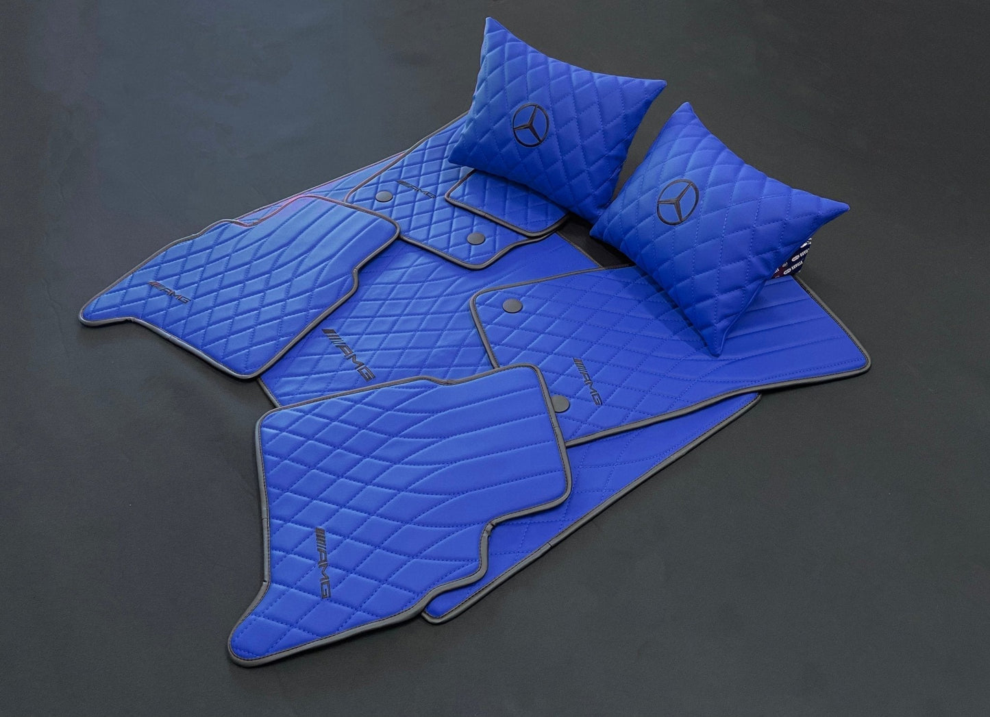 Mercedes-Benz W463A G63 G500 Floor Mats Soft Blue Leather Black Stitching Logo Emblem
