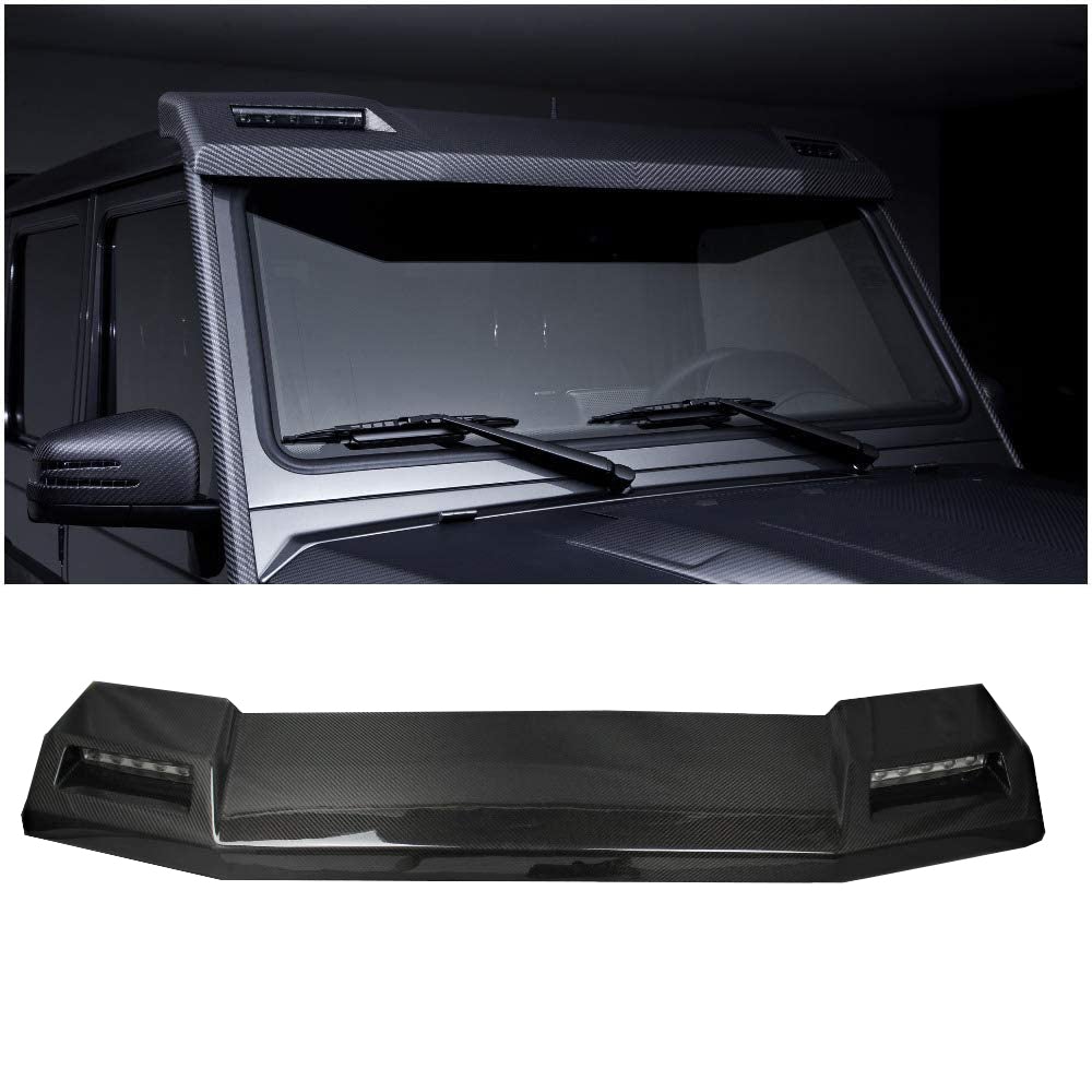 6x6 4x4 Squared Brabus Front Roof Carbon Spoiler with LEDs for Mercedes W463 G Wagon from Tuning Shop, made of genuine carbon fiber with a grey gloss UV-resistant coating.