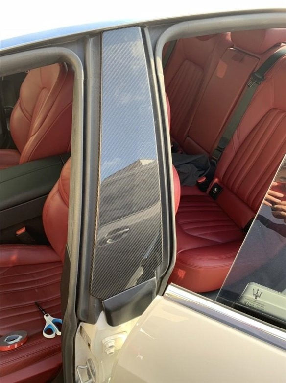 Carbon fiber door pillar cover trim for Maserati Quattroporte Ghibli 2013+ from Tuning Shop, crafted with high-gloss UV-resistant coating.