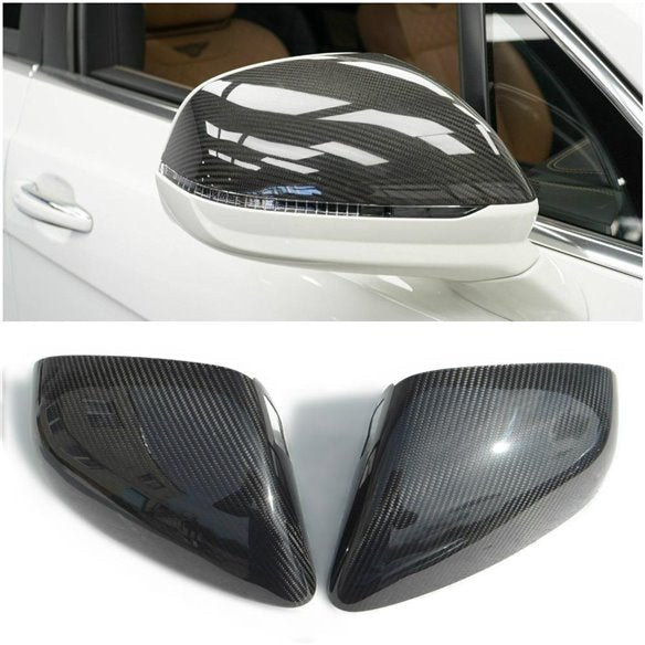 Carbon mirror covers 2-piece set for Bentley Bentayga 2015-2018, genuine carbon fiber with high-gloss finish.