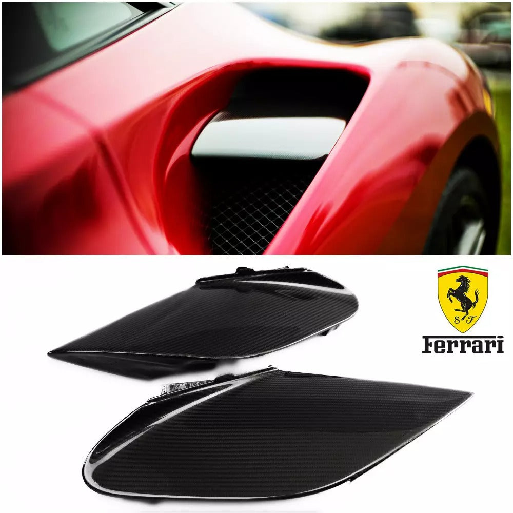 Carbon side vents for Ferrari 488 GTB 2015-2017, made from genuine carbon fiber with a high-gloss UV-resistant coating.