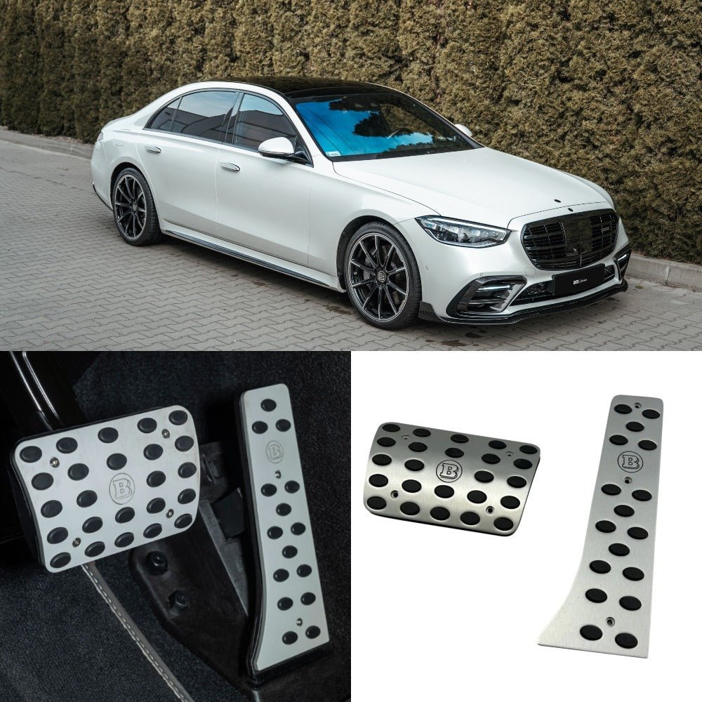 Aluminum GREY Brabus Pads Pedal Kit for Mercedes-Benz S-Class W223 AMG from Tuning Shop, made of high-quality aluminum alloy and rubber.