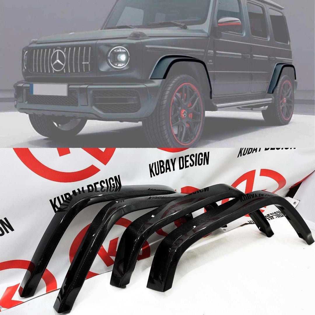 AMG widebody carbon fender flares 12cm 4 pcs set for Mercedes-Benz W464/W463A G63 G-Class from Tuning Shop, featuring grey carbon with a gloss UV-resistant coating.