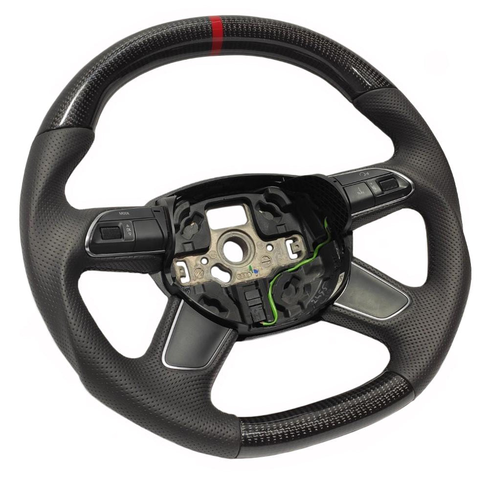OEM remanufactured Audi A4 B8 Q5 Q7 steering wheel with carbon fiber, perforated black leather, flat bottom, and red 12 o'clock stripe from Tuning Shop.