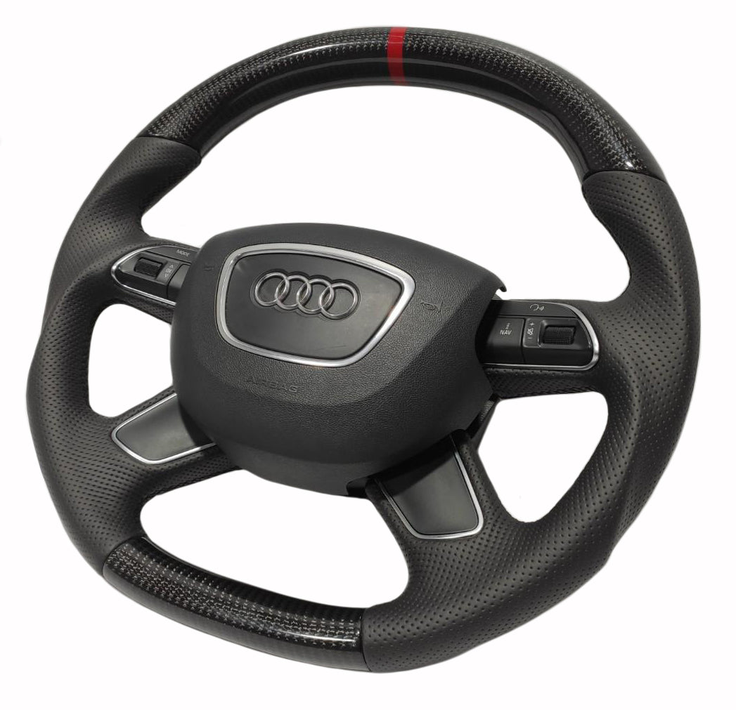 OEM remanufactured Audi A4 B8 Q5 Q7 steering wheel with carbon fiber, perforated black leather, flat bottom, and red 12 o'clock stripe from Tuning Shop.