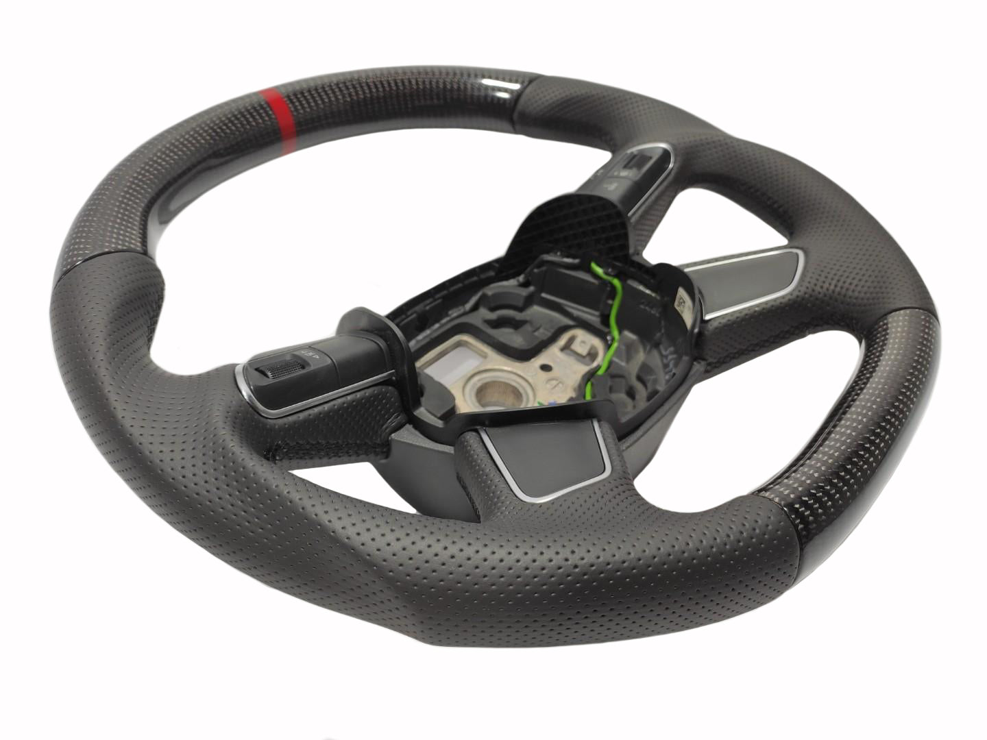 OEM remanufactured Audi A4 B8 Q5 Q7 steering wheel with carbon fiber, perforated black leather, flat bottom, and red 12 o'clock stripe from Tuning Shop.