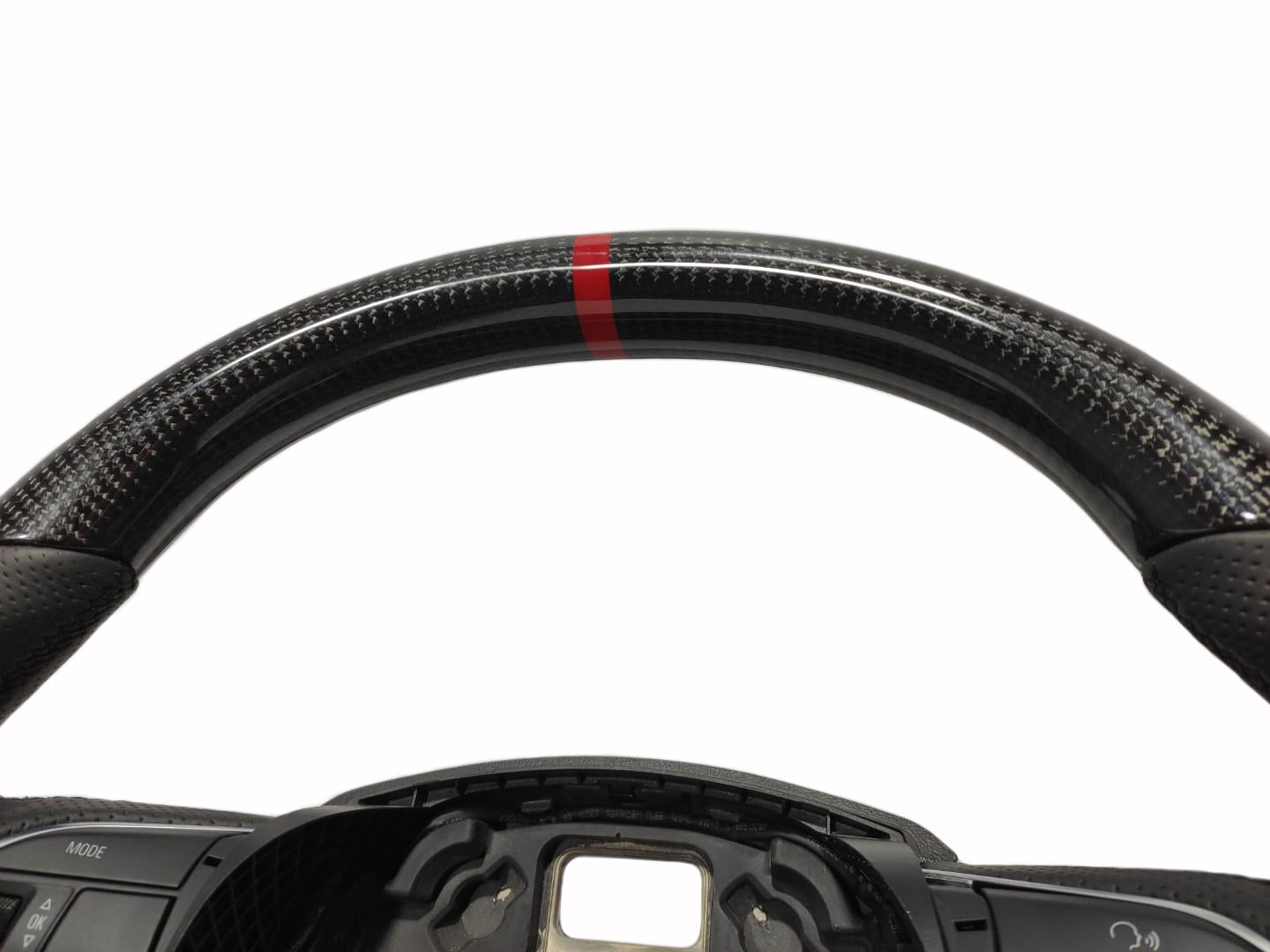 OEM remanufactured Audi A4 B8 Q5 Q7 steering wheel with carbon fiber, perforated black leather, flat bottom, and red 12 o'clock stripe from Tuning Shop.