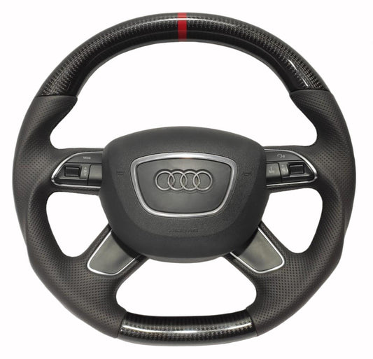 OEM remanufactured Audi A4 B8 Q5 Q7 steering wheel with carbon fiber, perforated black leather, flat bottom, and red 12 o'clock stripe from Tuning Shop.