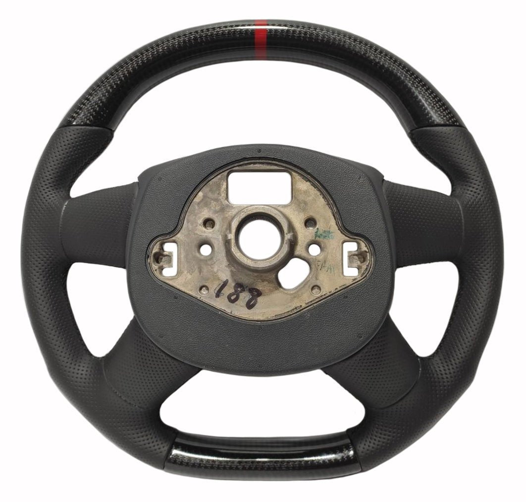 OEM remanufactured Audi A4 B8 Q5 Q7 steering wheel with carbon fiber, perforated black leather, flat bottom, and red 12 o'clock stripe from Tuning Shop.
