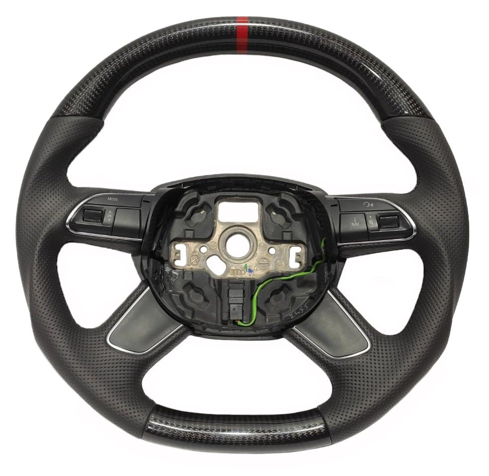 OEM remanufactured Audi A4 B8 Q5 Q7 steering wheel with carbon fiber, perforated black leather, flat bottom, and red 12 o'clock stripe from Tuning Shop.
