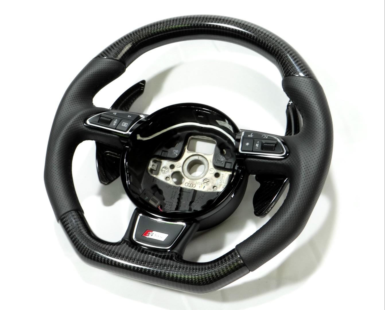 OEM remanufactured Audi A4 S4 A5 S5 Q5 SQ5 Q7 RS5 RS6 steering wheel with carbon fiber, perforated black leather, flat bottom, and carbon paddle shifts from Tuning Shop.