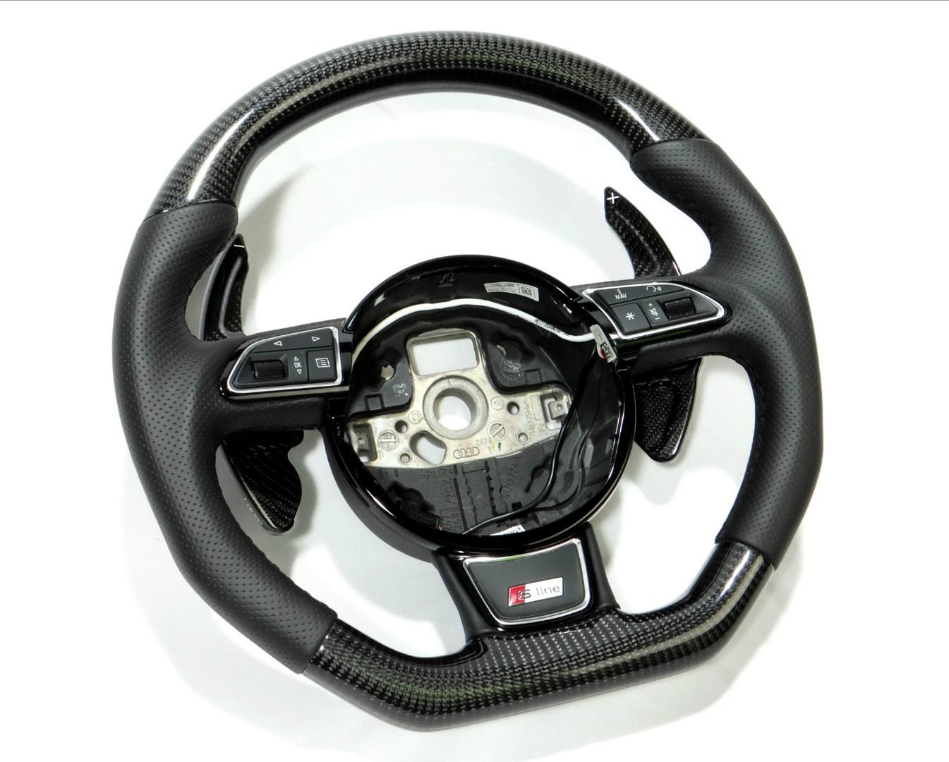 OEM remanufactured Audi A4 S4 A5 S5 Q5 SQ5 Q7 RS5 RS6 steering wheel with carbon fiber, perforated black leather, flat bottom, and carbon paddle shifts from Tuning Shop.