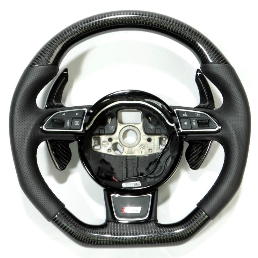 OEM remanufactured Audi A4 S4 A5 S5 Q5 SQ5 Q7 RS5 RS6 steering wheel with carbon fiber, perforated black leather, flat bottom, and carbon paddle shifts from Tuning Shop.