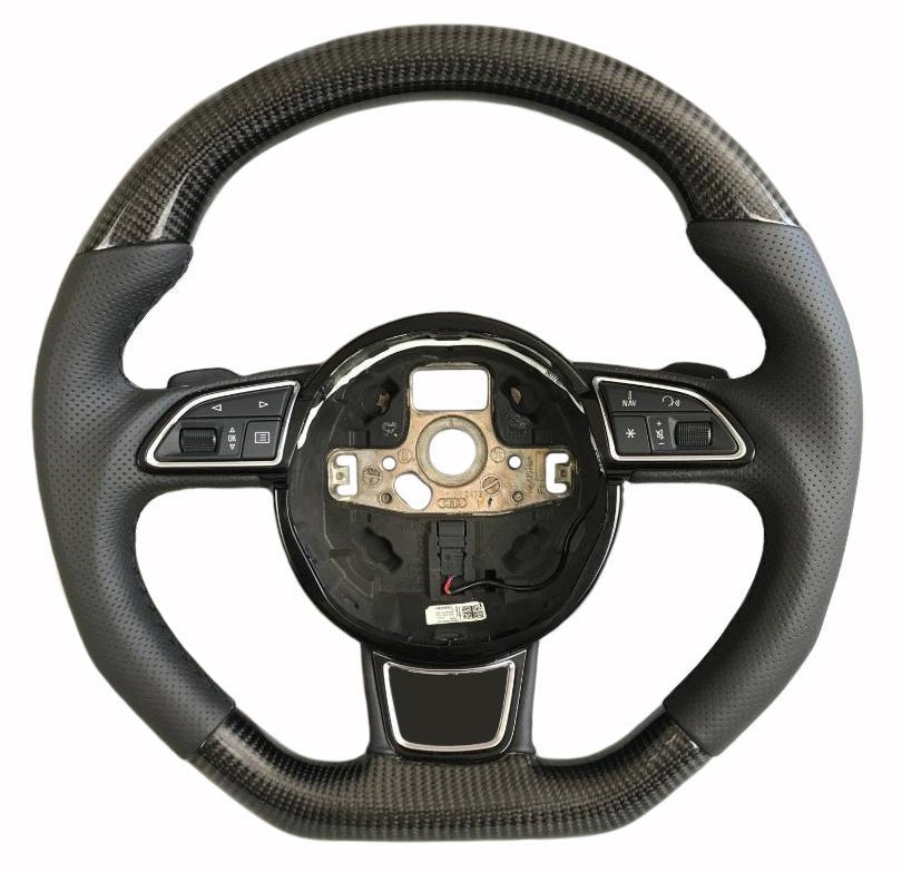 OEM remanufactured Audi A6 A7 A8 steering wheel with carbon fiber, perforated black leather, flat bottom, and stock paddle shifts from Tuning Shop.