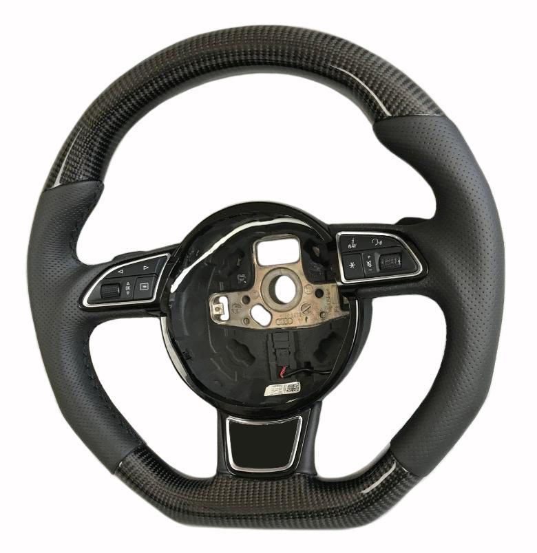 OEM remanufactured Audi A6 A7 A8 steering wheel with carbon fiber, perforated black leather, flat bottom, and stock paddle shifts from Tuning Shop.