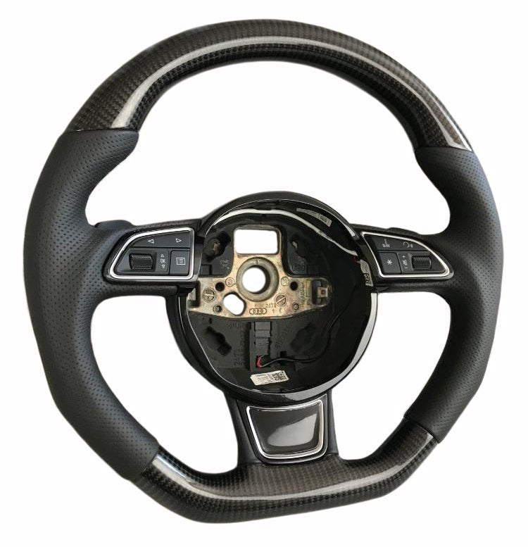 OEM remanufactured Audi A6 A7 A8 steering wheel with carbon fiber, perforated black leather, flat bottom, and stock paddle shifts from Tuning Shop.