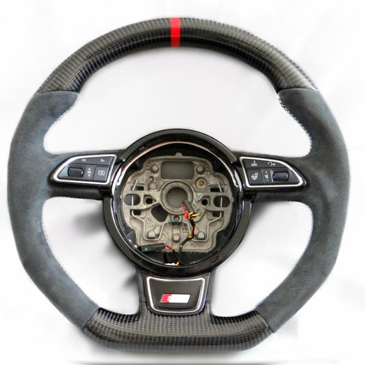 OEM remanufactured Audi A6 S6 A7 S7 A8 S8 steering wheel with carbon fiber, alcantara, flat bottom, and red 12 o'clock stripe from Tuning Shop.