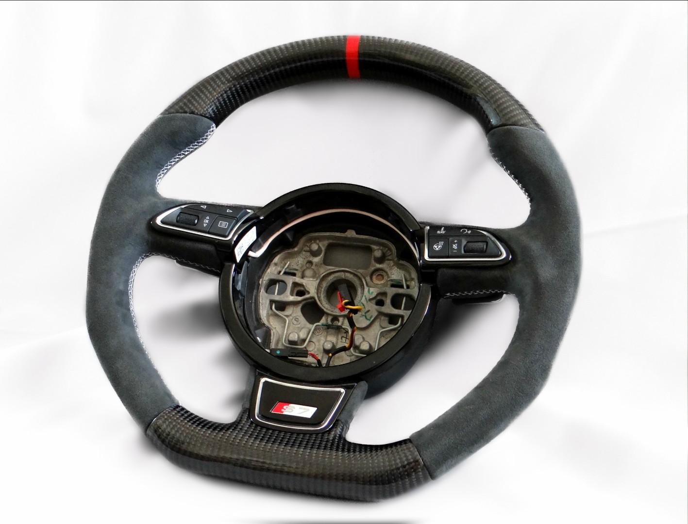 OEM remanufactured Audi A6 S6 A7 S7 A8 S8 steering wheel with carbon fiber, alcantara, flat bottom, and red 12 o'clock stripe from Tuning Shop.