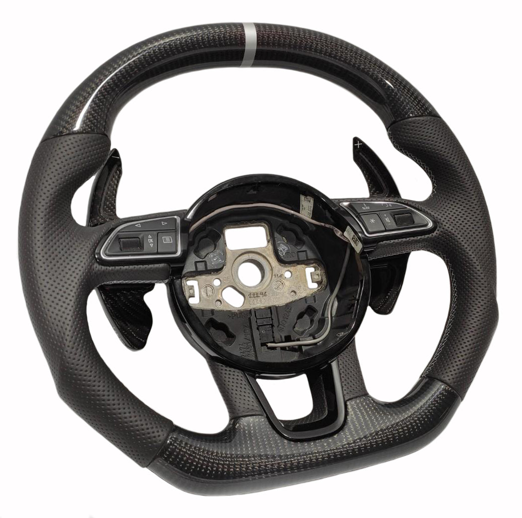 OEM remanufactured Audi Q5 SQ5 Q7 A1 A3 SQ7 steering wheel with carbon fiber, perforated black leather, flat top and bottom, white 12 o'clock stripe, and carbon paddle shifts from Tuning Shop.