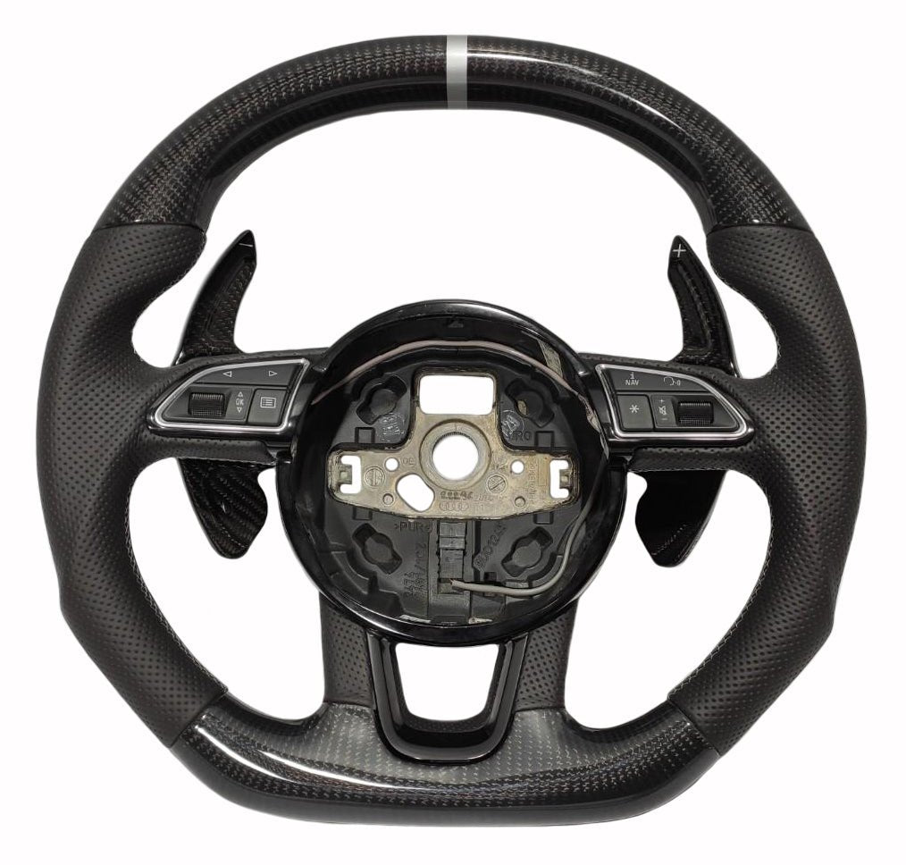 OEM remanufactured Audi Q5 SQ5 Q7 A1 A3 SQ7 steering wheel with carbon fiber, perforated black leather, flat top and bottom, white 12 o'clock stripe, and carbon paddle shifts from Tuning Shop.