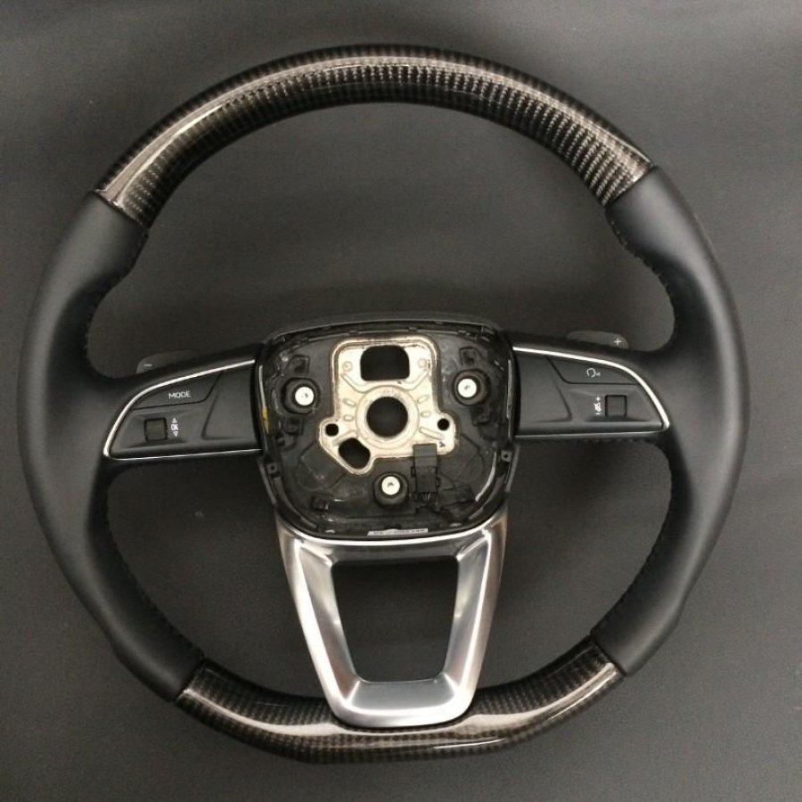 OEM remanufactured Audi Q7 steering wheel with carbon fiber, black leather, flat bottom, and stock paddle shifts from Tuning Shop.