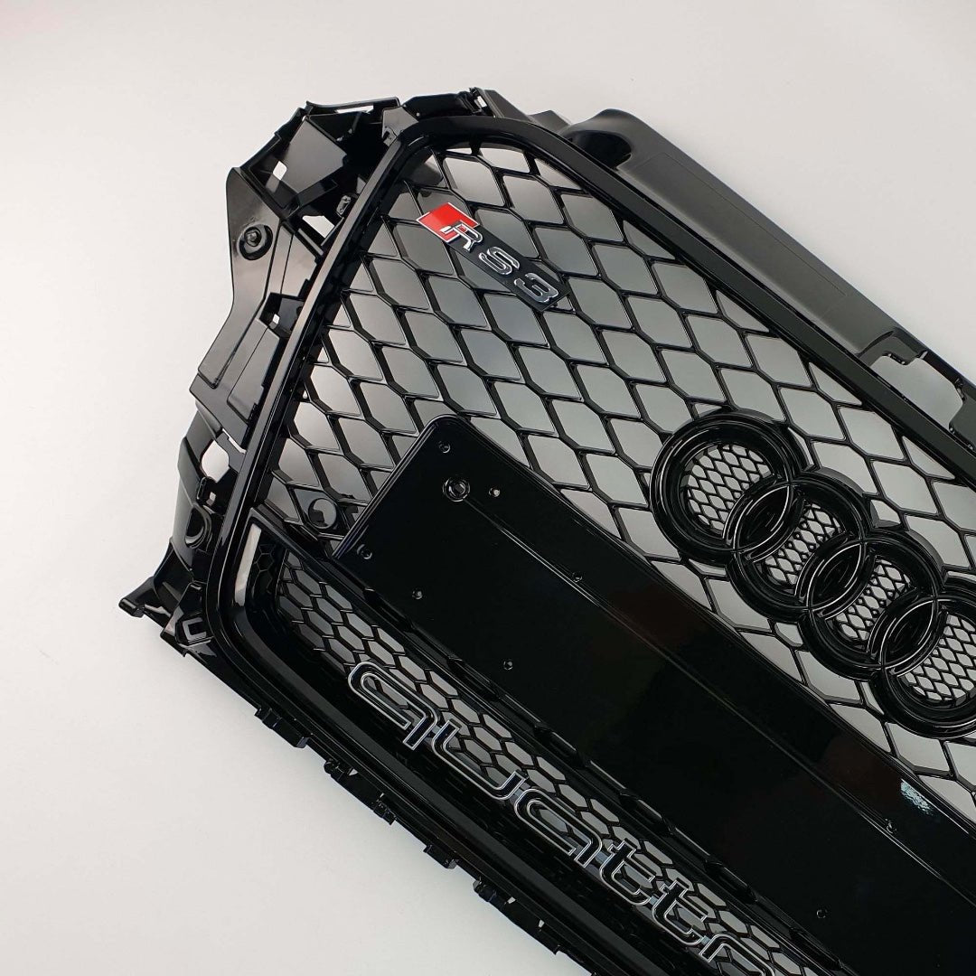 RS3 Black Quattro front bumper radiator grille for Audi A3 2012-2015 from Tuning Shop, featuring a black finish.