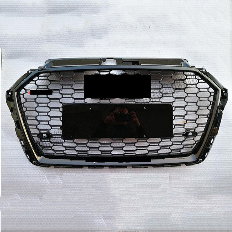 RS3 Black Quattro front radiator grille for Audi A3 S3 8V 2016-2020 from Tuning Shop, featuring a black finish.