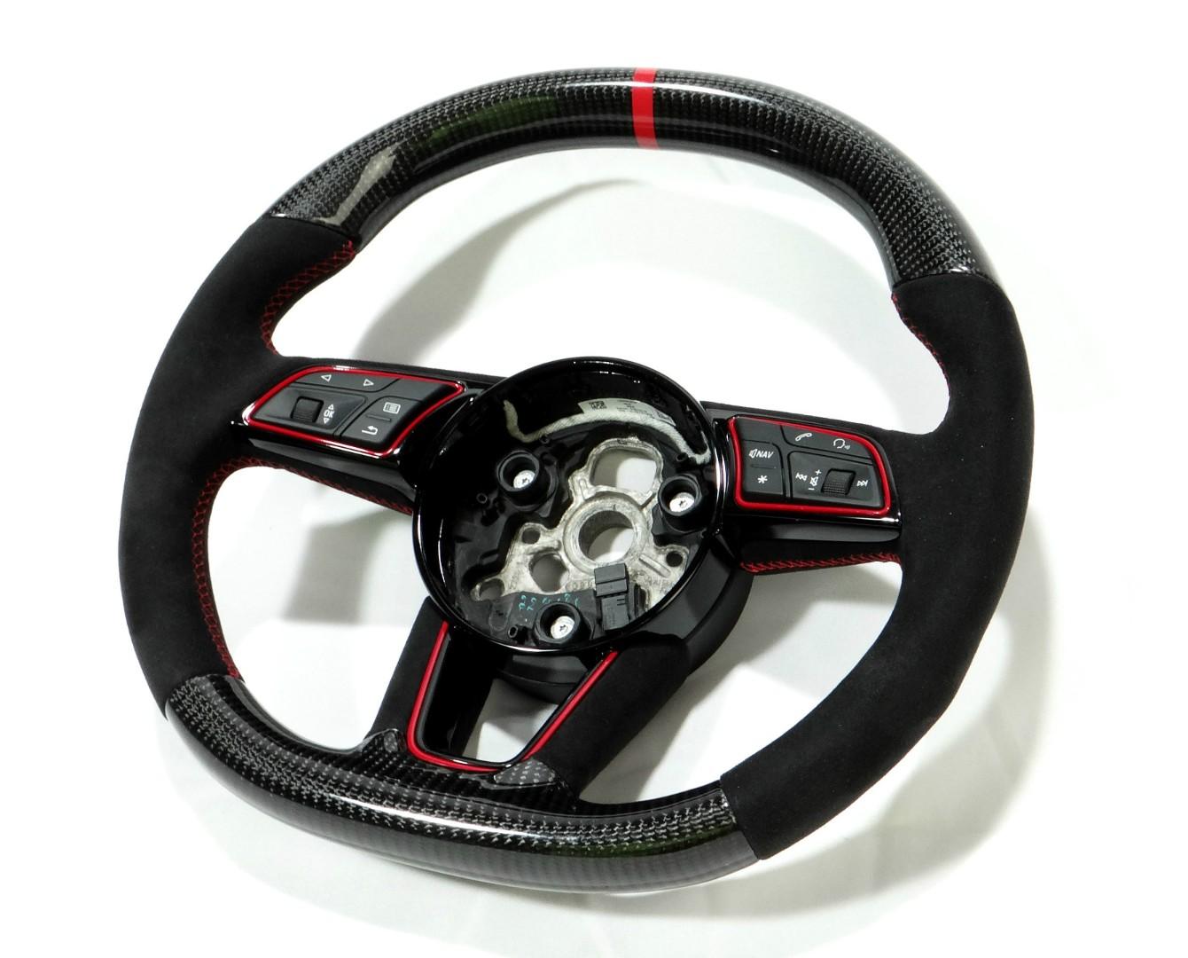 OEM remanufactured Audi RS4 RS5 RS3 S3 S4 S5 A5 A4 steering wheel with carbon fiber, alcantara, flat top and bottom, and red 12 o'clock stripe from Tuning Shop.