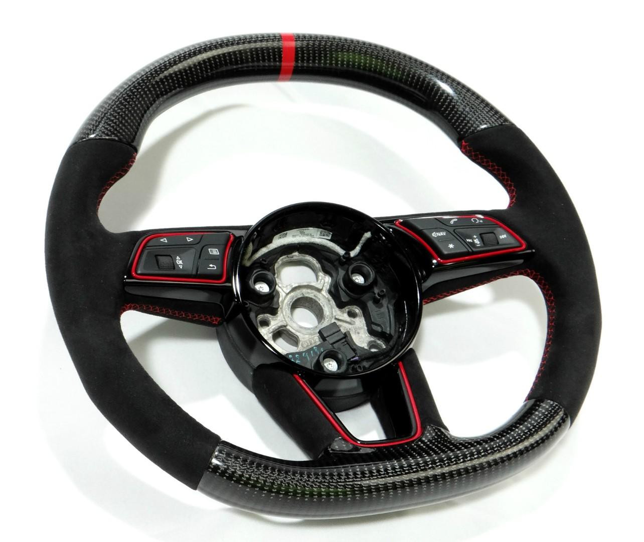 OEM remanufactured Audi RS4 RS5 RS3 S3 S4 S5 A5 A4 steering wheel with carbon fiber, alcantara, flat top and bottom, and red 12 o'clock stripe from Tuning Shop.