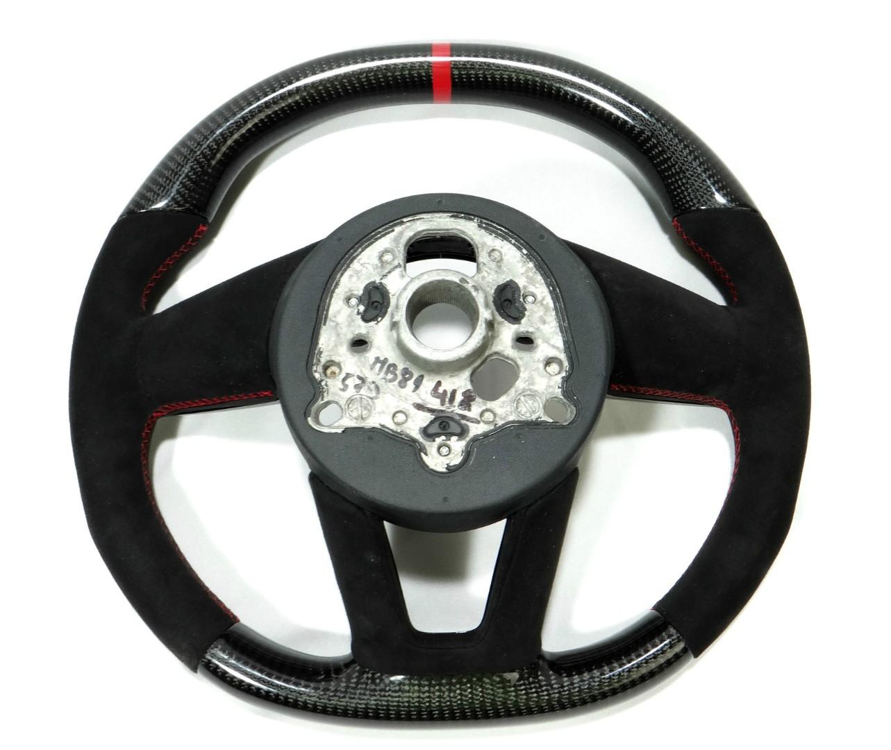 OEM remanufactured Audi RS4 RS5 RS3 S3 S4 S5 A5 A4 steering wheel with carbon fiber, alcantara, flat top and bottom, and red 12 o'clock stripe from Tuning Shop.