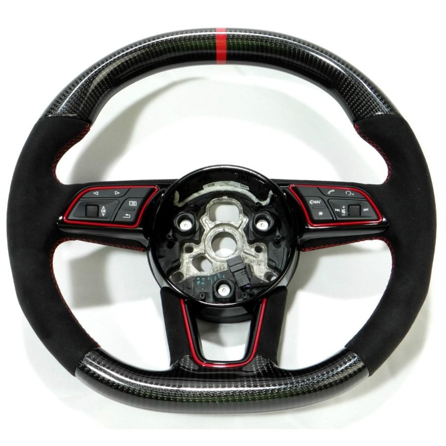 OEM remanufactured Audi RS4 RS5 RS3 S3 S4 S5 A5 A4 steering wheel with carbon fiber, alcantara, flat top and bottom, and red 12 o'clock stripe from Tuning Shop.