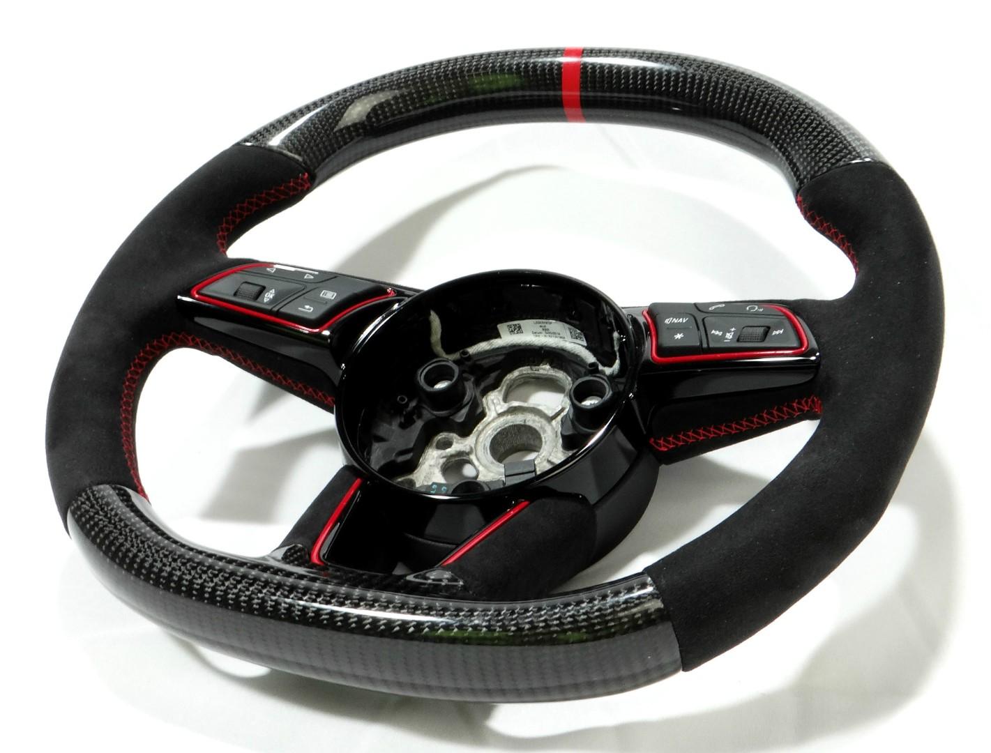 OEM remanufactured Audi RS4 RS5 RS3 S3 S4 S5 A5 A4 steering wheel with carbon fiber, alcantara, flat top and bottom, and red 12 o'clock stripe from Tuning Shop.