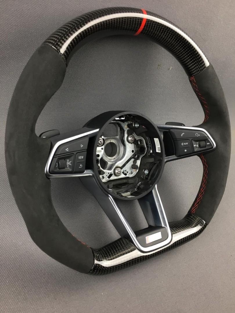 OEM remanufactured Audi TT RS R8 2015+ S Line steering wheel with carbon fiber, alcantara, flat bottom, and red 12 o'clock stripe from Tuning Shop.