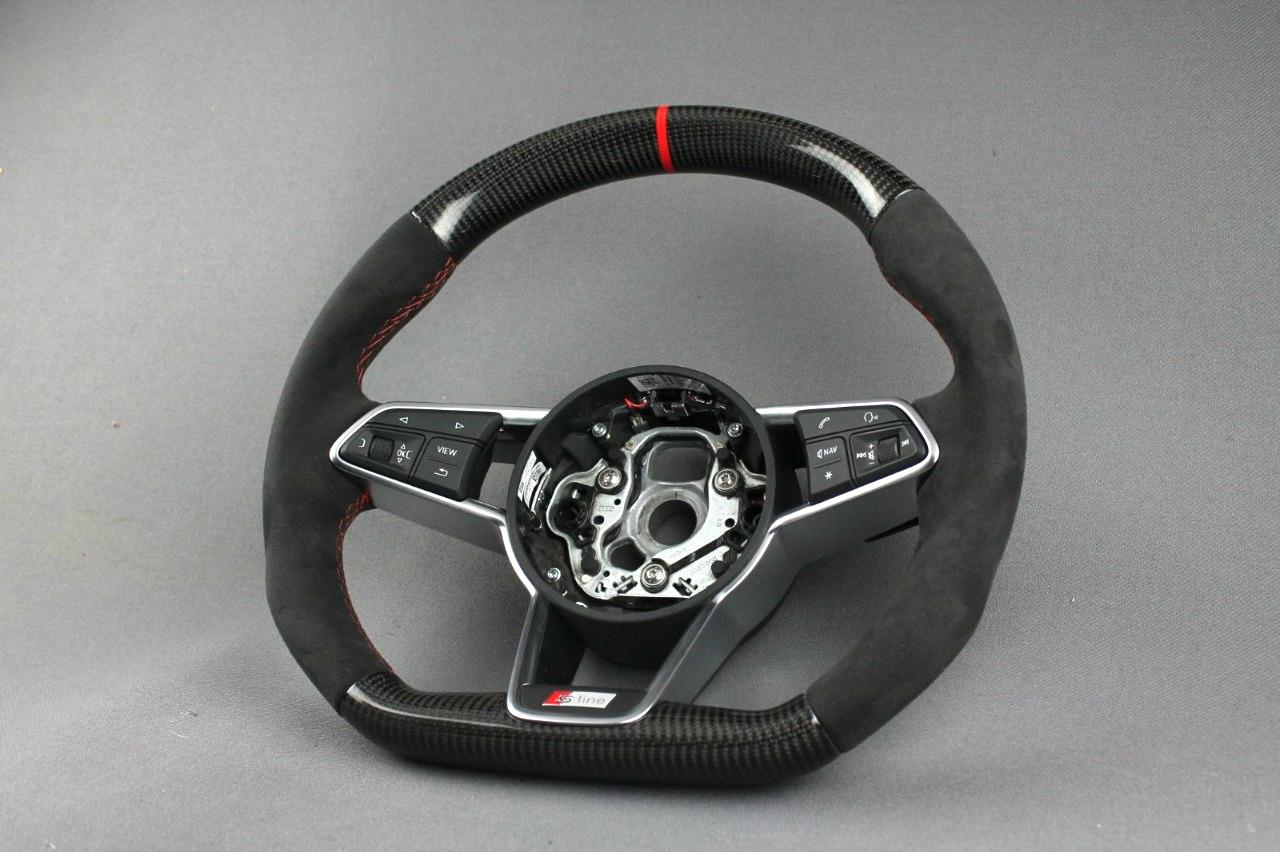 OEM remanufactured Audi TT RS R8 2015+ S Line steering wheel with carbon fiber, alcantara, flat bottom, and red 12 o'clock stripe from Tuning Shop.