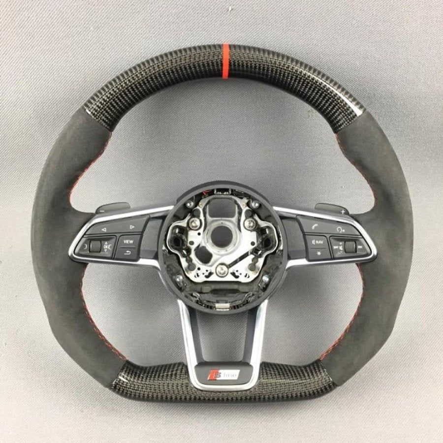 OEM remanufactured Audi TT RS R8 2015+ S Line steering wheel with carbon fiber, alcantara, flat bottom, and red 12 o'clock stripe from Tuning Shop.