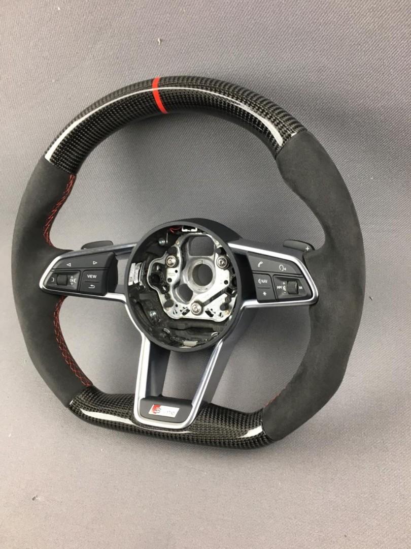 OEM remanufactured Audi TT RS R8 2015+ S Line steering wheel with carbon fiber, alcantara, flat bottom, and red 12 o'clock stripe from Tuning Shop.