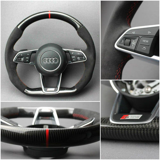 OEM remanufactured Audi TT RS R8 2015+ S Line steering wheel with carbon fiber, alcantara, flat bottom, and red 12 o'clock stripe from Tuning Shop.