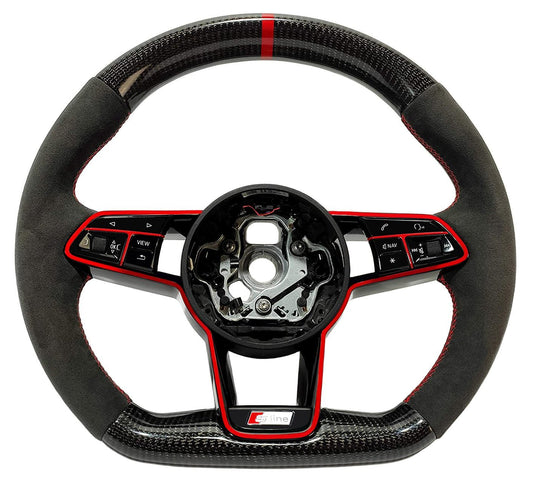 OEM remanufactured Audi TT RS R8 steering wheel with carbon fiber, alcantara, flat bottom, red 12 o'clock stripe, and piano black center from Tuning Shop.