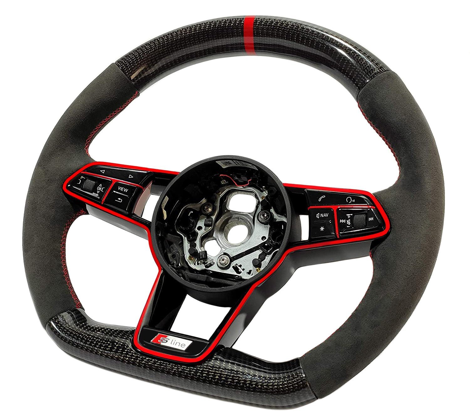 OEM remanufactured Audi TT RS R8 steering wheel with carbon fiber, alcantara, flat bottom, red 12 o'clock stripe, and piano black center from Tuning Shop.