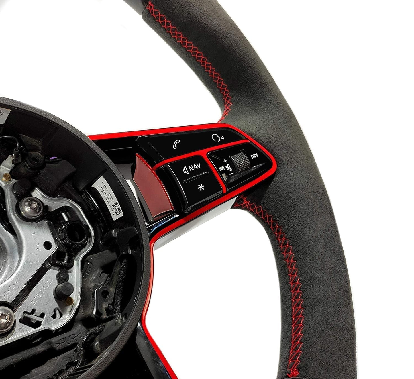 OEM remanufactured Audi TT RS R8 steering wheel with carbon fiber, alcantara, flat bottom, red 12 o'clock stripe, and piano black center from Tuning Shop.