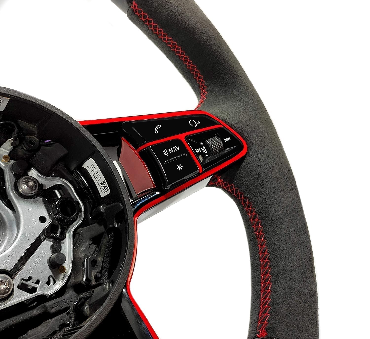 OEM remanufactured Audi TT RS R8 steering wheel with carbon fiber, alcantara, flat bottom, red 12 o'clock stripe, and piano black center from Tuning Shop.
