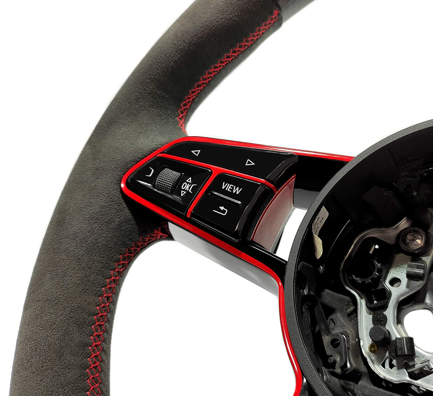 OEM remanufactured Audi TT RS R8 steering wheel with carbon fiber, alcantara, flat bottom, red 12 o'clock stripe, and piano black center from Tuning Shop.