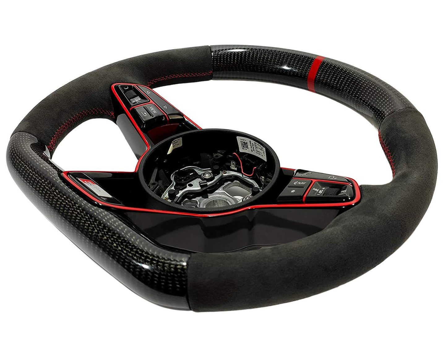 OEM remanufactured Audi TT RS R8 steering wheel with carbon fiber, alcantara, flat bottom, red 12 o'clock stripe, and piano black center from Tuning Shop.
