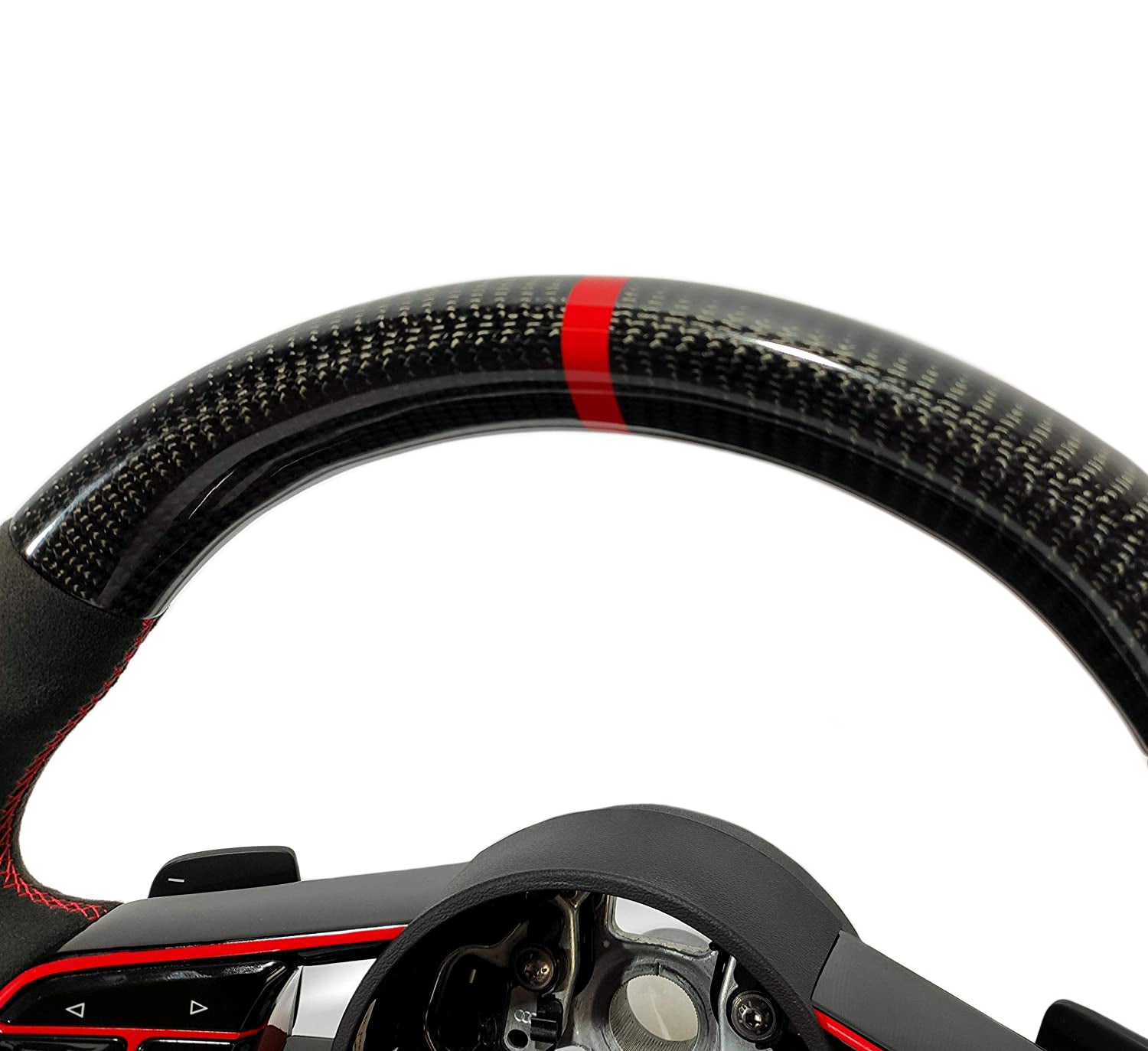 OEM remanufactured Audi TT RS R8 steering wheel with carbon fiber, alcantara, flat bottom, red 12 o'clock stripe, and piano black center from Tuning Shop.