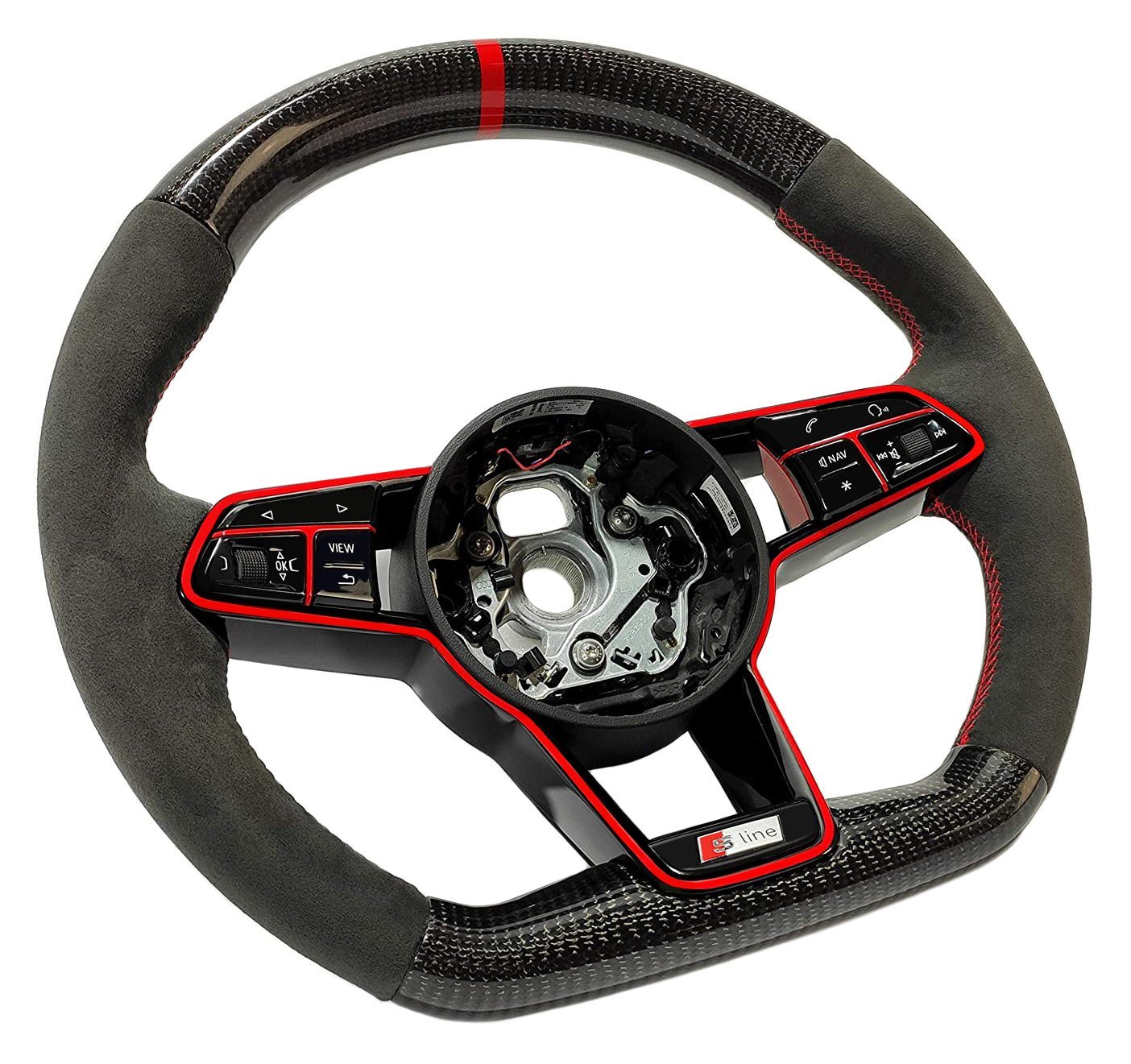 OEM remanufactured Audi TT RS R8 steering wheel with carbon fiber, alcantara, flat bottom, red 12 o'clock stripe, and piano black center from Tuning Shop.