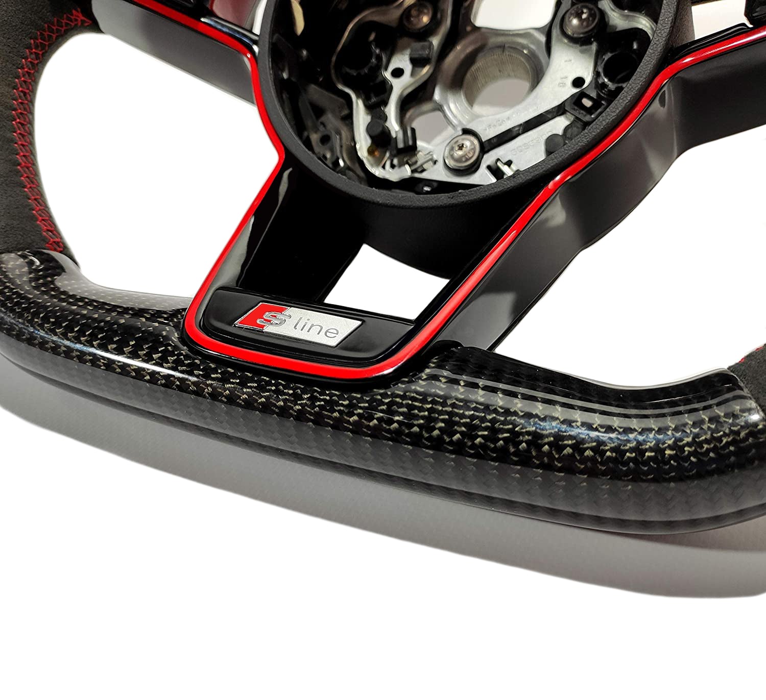OEM remanufactured Audi TT RS R8 steering wheel with carbon fiber, alcantara, flat bottom, red 12 o'clock stripe, and piano black center from Tuning Shop.