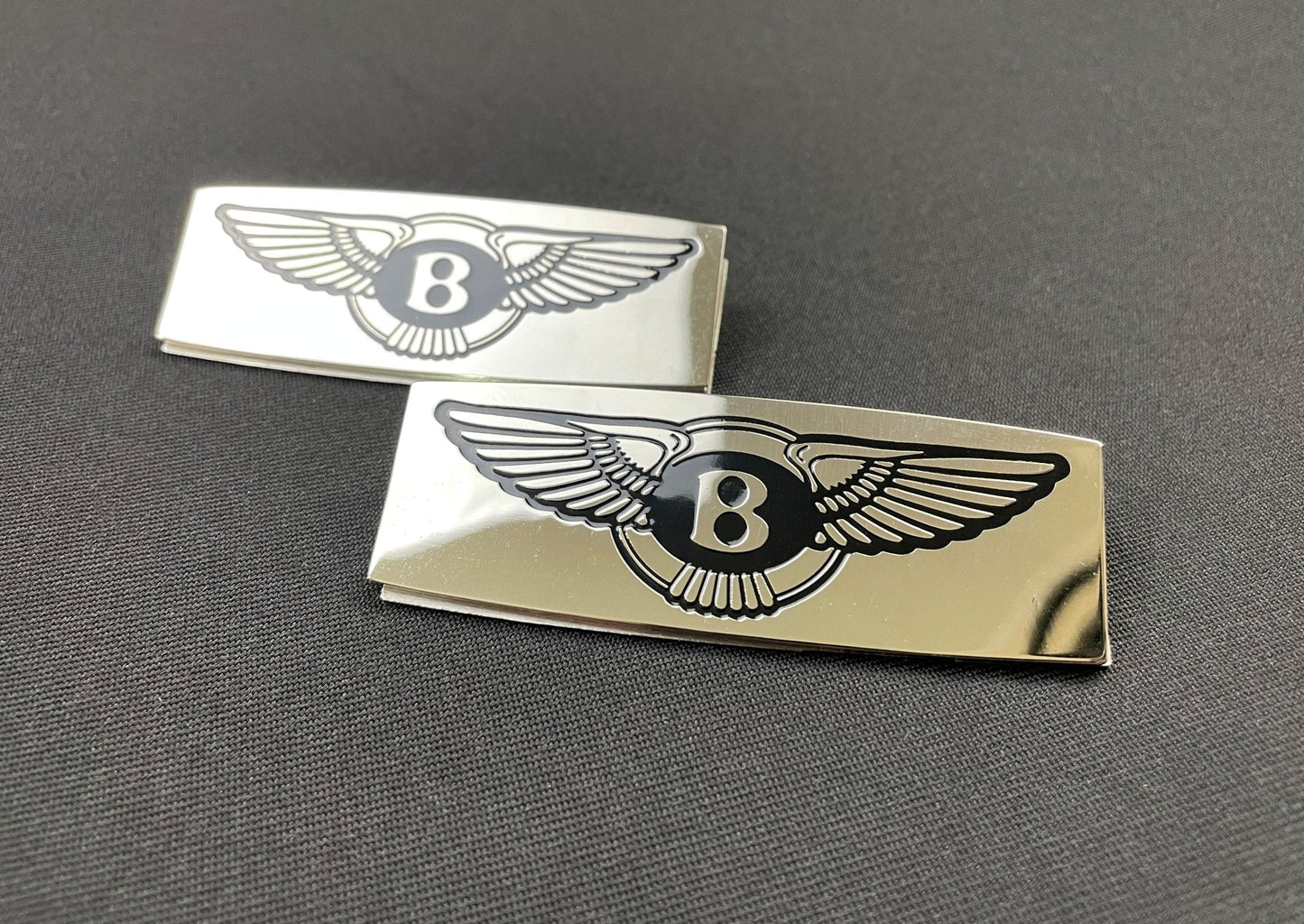 Metal chrome glossy floor mats badges emblems for any Bentley model, 2 pcs set from Tuning Shop, made of stainless steel with a high-quality detailed finish.