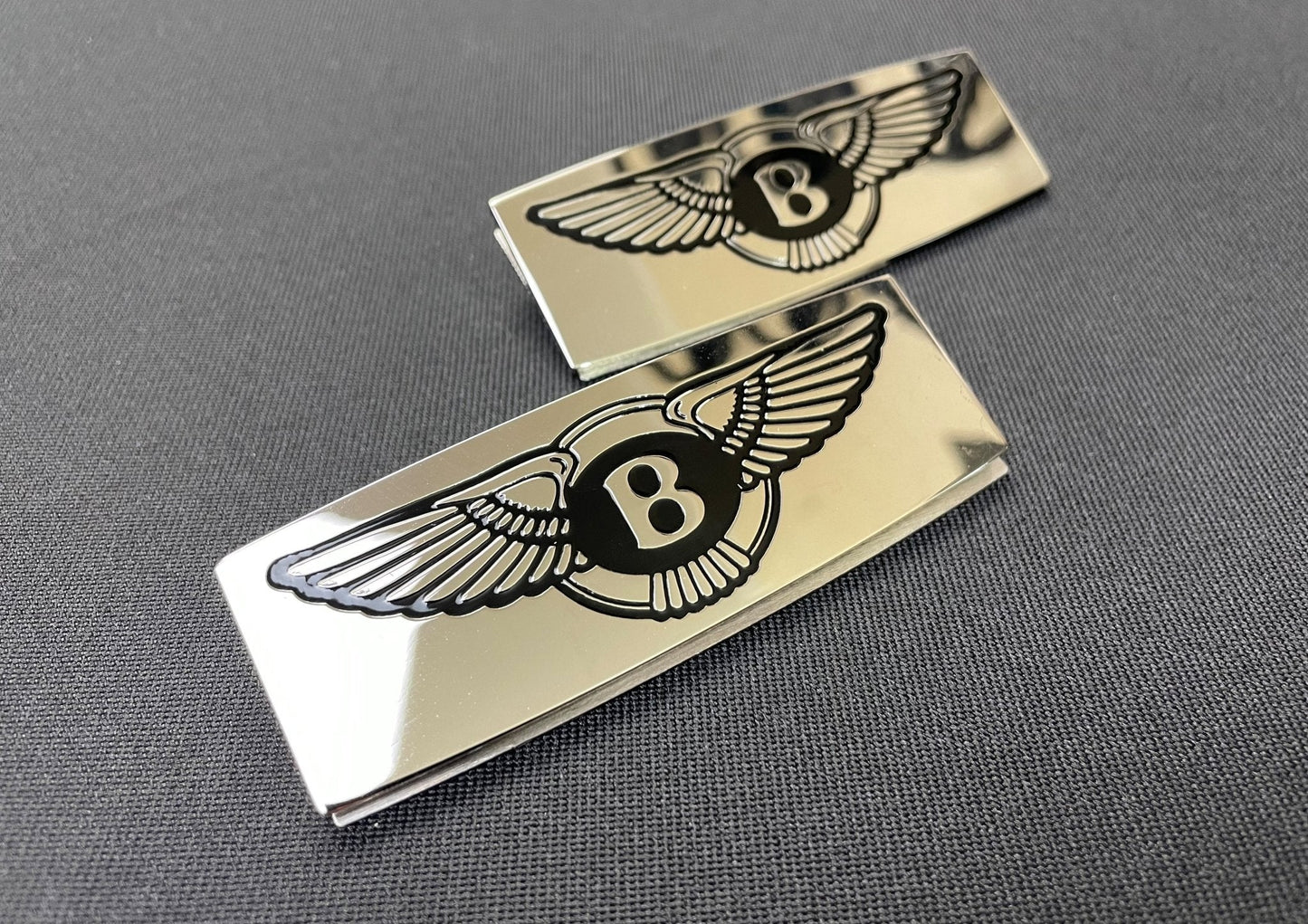 Metal chrome glossy floor mats badges emblems for any Bentley model, 2 pcs set from Tuning Shop, made of stainless steel with a high-quality detailed finish.